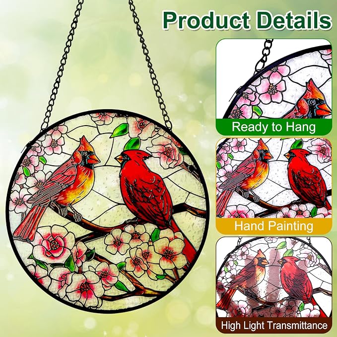 Remiawy Cardinal Stained Glass Window Hanging, 6 Inch Glass Panel with Metal Chain and Hooks Window Hanging Indoor Window Wall Art Home Decor Gift for Bird Lovers Women Mother's Day Christmas