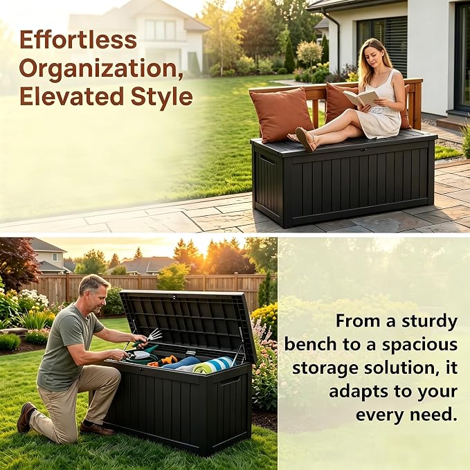 Large 258 Gallon Resin Deck Box, Heavy Duty Lockable Patio Storage Box Outdoor, Waterproof Tool Box for Garden Furniture Cushions & Pool Supplies, Wood Grain Outdoor Storage Bench for Backyard
