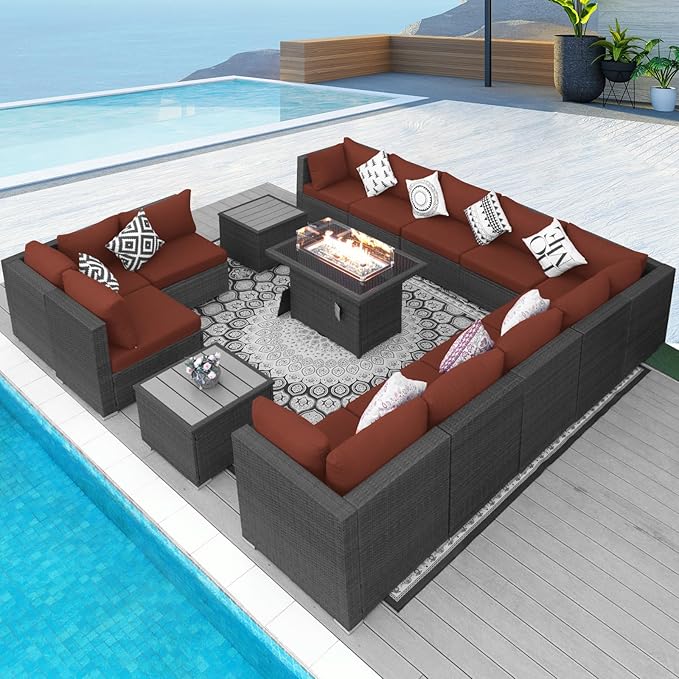 NICESOUL 15 Piece Outdoor Patio Furniture Set with Fire Pit, Extra Large Wide Outdoor Deep Seated Sectional, Cozy 29.3'' High-Back Modular Couch, 500 Lbs High Weight Capacity Wicker Sofa, Gray & Red