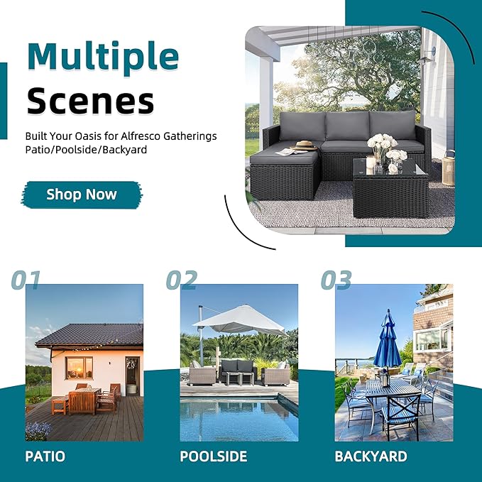 SUNLEI Patio Furniture Set with Detachable Soft Cushions, Outdoor PE Rattan Patio Conversation Sofa Set, 3-Piece Patio Sectional Sofa with Glass Coffee Table (Black Rattan&Charcoal)