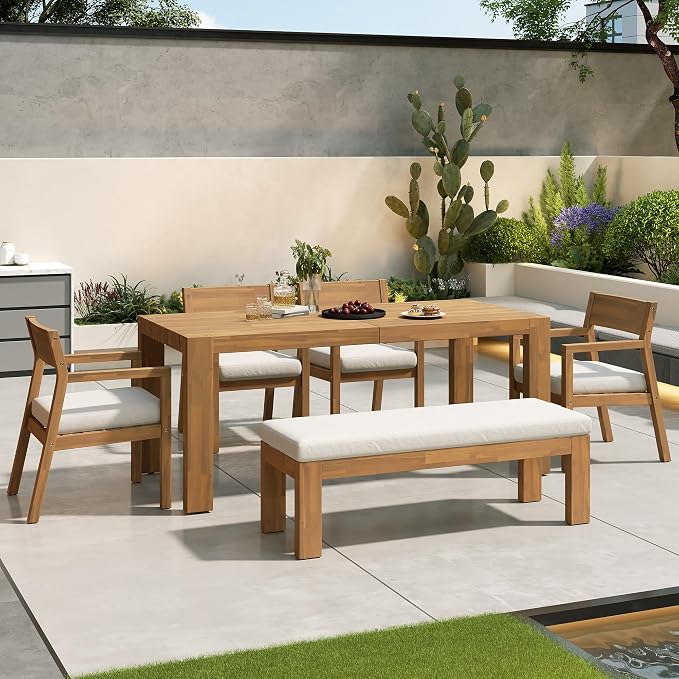 RUNNA 6-Piece Patio Dining Table Set, Outdoor Furniture Sets with Umbrella Hole, 71" Rectangular Table, Chairs and Bench with Removable Cushions for Backyard, Garden, Poolside (Beige,Light Teak)