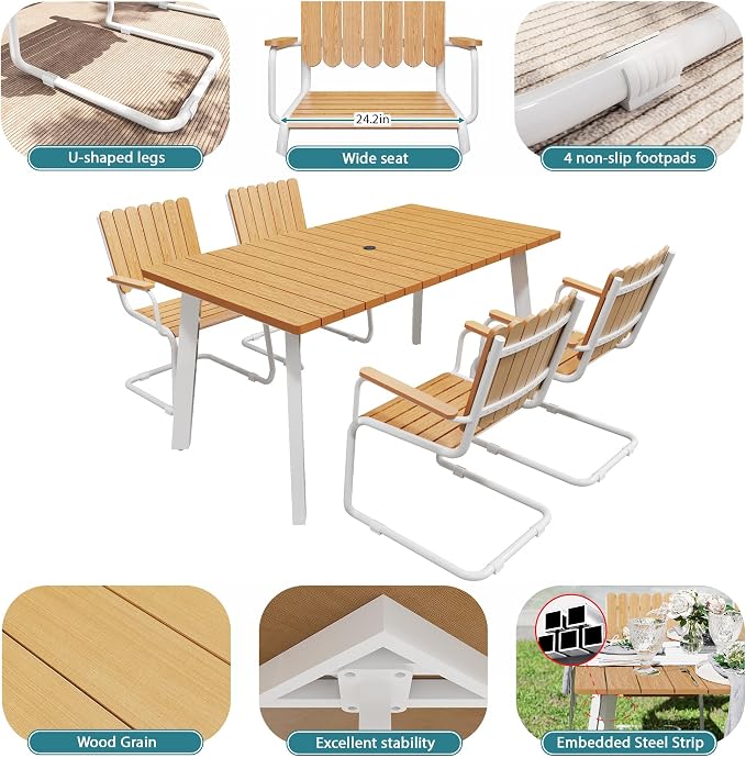 5 Piece Outdoor Conversation Set for 4, HDPE Patio Seating Set with Table and Chairs, All-Weather Outdoor Lounge Furniture with Umbrella Hole for Garden, Porch, Poolside, White & Teak