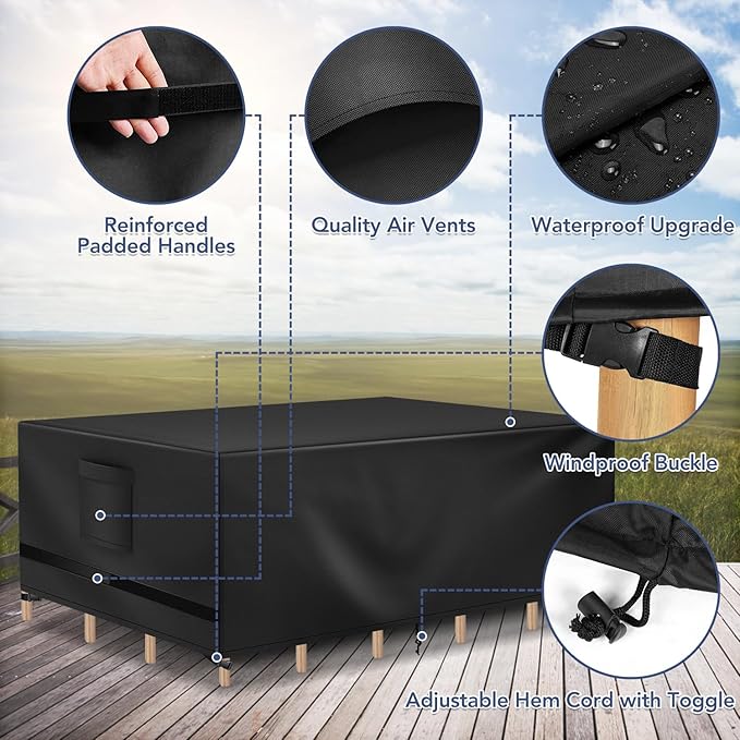 Richwon Patio Furniture Covers, Outdoor Table Covers, Waterproof Rectangle, Heavy Duty, 128"L x 84"W x 28"H, Black