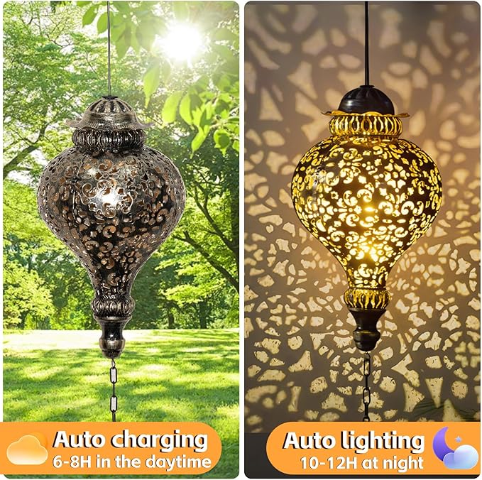 Solar Lanterns Outdoor Waterproof, Garden Decor for Yard, Moroccan Hanging Lantern Solar Garden Lights Decorations for Patio Lawn Porch Outside Decorative Christmas Birthday Gift Mom Grandma Women