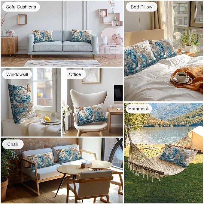 Nautical Coastal Outdoor Pillow Covers 20x12 Inch Lumbar Pillow Covers Set of 2 Waterproof Decorative Throw Pillow Cases Retro Marine Life Seahorse Compass Map Beige Cushion Covers for Patio Furniture