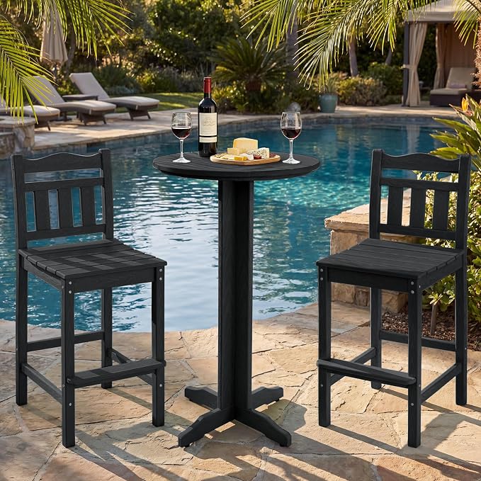 Outdoor Bar Stools Set of 2, HDPE Tall Adirondack Bar Chairs 27.5 Inch Seat Height w/Backrest, All Weather Patio Bar Height Chairs for Bistro Balcony Deck Poolside (Black)