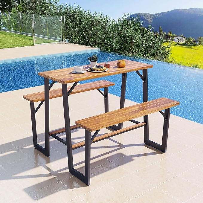 Giantex 4.5FT Picnic Table Bench Set for 4, Acacia Wood Outdoor Dining Table Set, 2" Umbrella Hole, Heavy Duty Metal Frame, Footrest Bar, Large Rectangular Tabletop for Porch Patio Lawn Garden