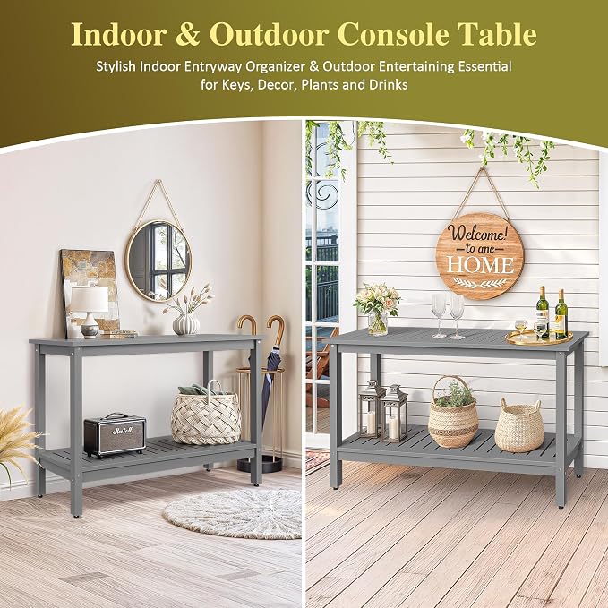 SUPER DEAL 48 inch Outdoor Console Table, 2-Tier Solid Wood Side Table Multifunctional Buffet Bar Storage Organizer with Adjustable Feet for All-Weather Indoor Outdoor Porch, Grey