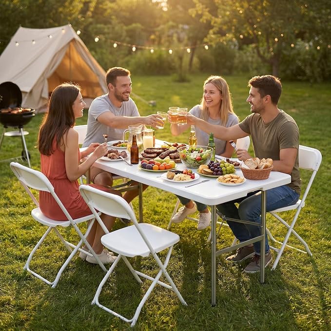 Sweetcrispy 4 FT Folding Picnic Table 2 Pack, Easy to Fold and Store, Foldable Table for Camping Picnic Dining Party Kitchen Outdoor Indoor with Carrying Handle