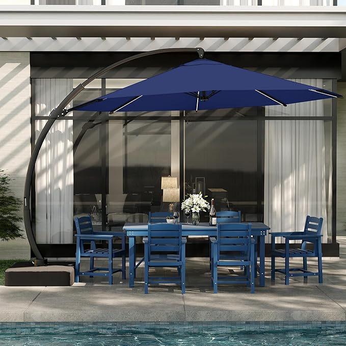 11FT Cantilever Patio Umbrella with Solar LED Lights and Base, 360 Rotating Offset Umbrella with Infinite Tilt, Heavy Duty Aluminum Frame, Outdoor Canopy for Patio, Pool, Backyard, Navy