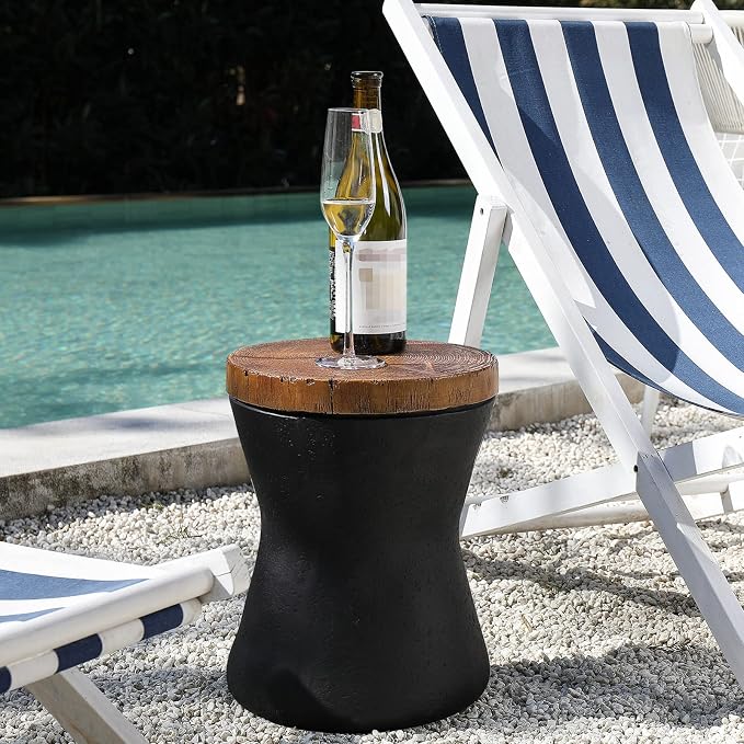 COSIEST 2 Pieces Outdoor End Table, Set of 2 Drum Side Table Faux-Wood Top, Black Base with Tree Trunk Slice Hand Painted, Accent Stool, Plant Stand