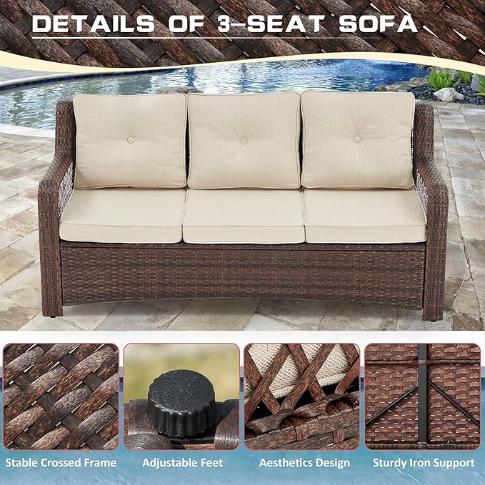 6 Pieces Wicker Patio Furniture Set Conversations Sets, 2 Outdoor 360° Swivel Chairs, Patio Swivel Chair with Table and Ottoman for Garden, Poolside, Backyard (Beige)
