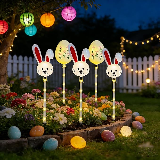 Solar Easter Pathway Lights - 5 Pack Bunny Egg Light Outdoor Solar Powered Path Lights with 8 Lighting Modes, Waterproof Garden Stake for Easter, Housewarming Gifts & Outdoor Decor