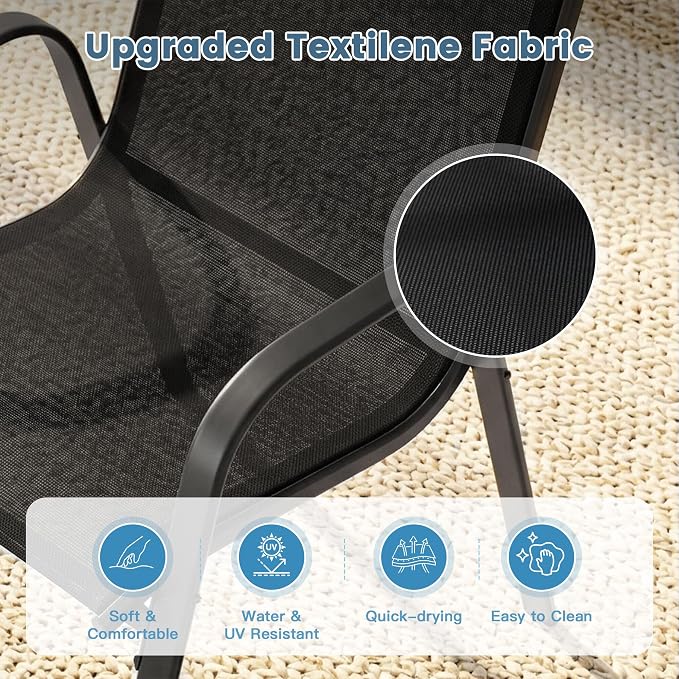 DIFY 11 Piece Outdoor Dining Set, 60" Black Round Metal Patio Table and Dark Grey Textilene Stackable Chairs for 10, All Weather Patio Furniture Set with Umbrella Hole for Backyard Garden Deck