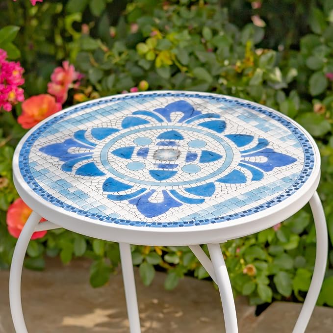 Zaer Ltd. Mosaic Tile Furniture with White Metal Frame and Patterned Tile Tops (Cape May - White/Blue, Pedestal Plant Stand)