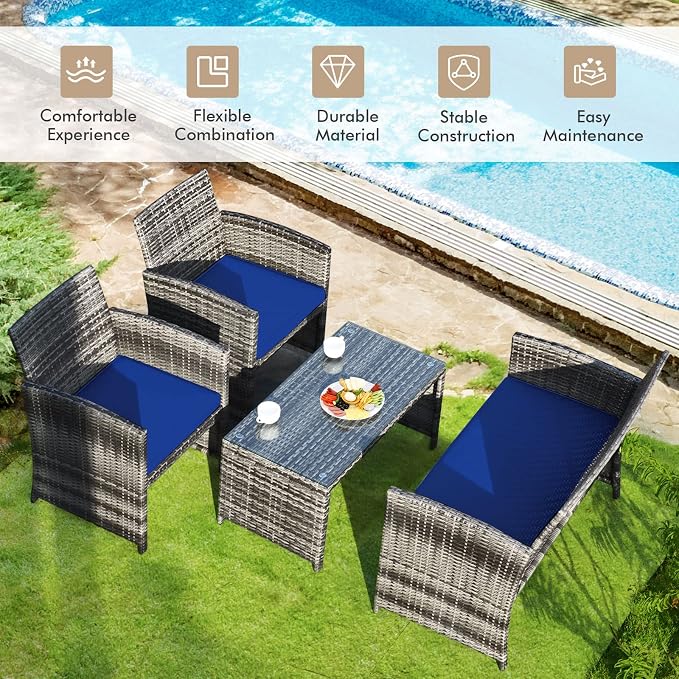 Outdoor Conversation Set, 8 Pieces Wicker Patio Chair Set with Ergonomic Curved Design, Water-Resistant Cushion & Tempered Glass Table for Balcony,Porch(Navy Blue)
