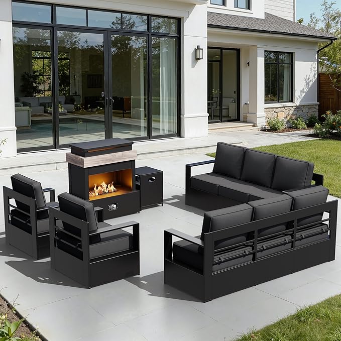Outdoor Aluminum Furniture Set, 5-Piece Patio Conversation Set, 2 Swivel Chairs, 2 Sofa and 1 Fireplace, All-Weather Metal Frame, 6" Thick Removable Cushions, Deep Setting for Garden and Porch