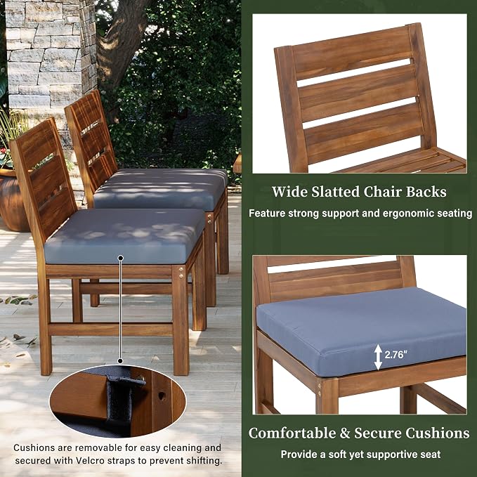 Farmhouse 5-Piece Outdoor Patio Dining Set for 4, Acacia Wood Table with Adjustable Legs, for Backyard Garden Deck (Brown,Gray 2)