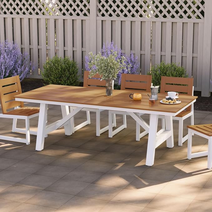 WestinTrends Cape May 90" HDPE Rectangle Outdoor Patio Dining Table with Umbrella Hole and Metal Frame, Teak