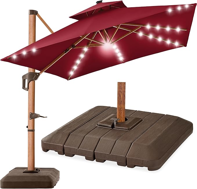 Best Choice Products 10ft Square Cantilever Patio Umbrella w/Base Included, Woodgrain Pattern Pole & Solar LED Lights, 360-Rotation, Offset Hanging Outdoor Shade