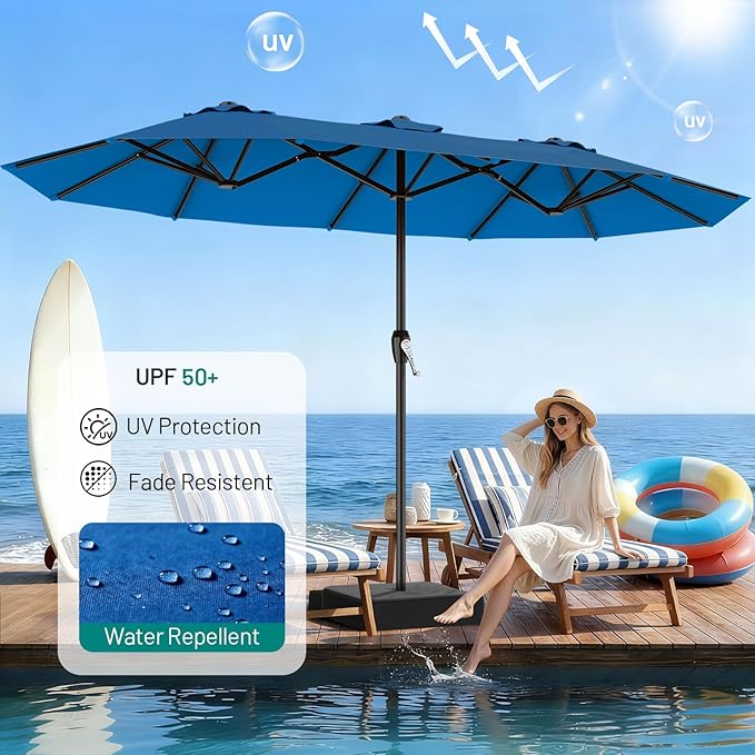 AreShark 15FT Outdoor Patio Umbrella with Crank, Large Rectangular Market Umbrella, Double-Sided Outdoor Umbrellas with Cross Base & Sandbag for Porch, Lawn, Pool, Backyard, Royal Blue