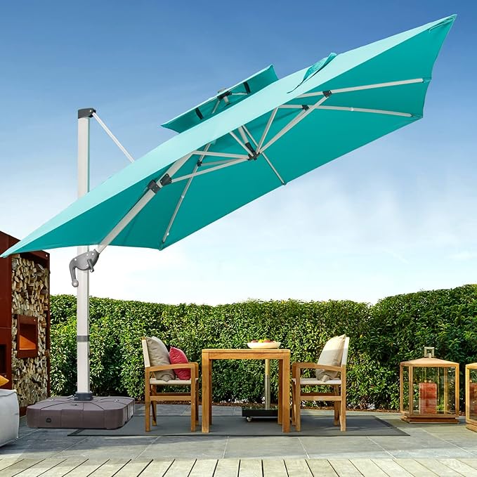Cantilever Patio Umbrella with Cross Base and Cover Included - 360° Rotation Large Heavy Duty Offset Outdoor Umbrella with Easy Tilt for Pool Backyard Deck Garden (11x11 FT Turquoise Blue)