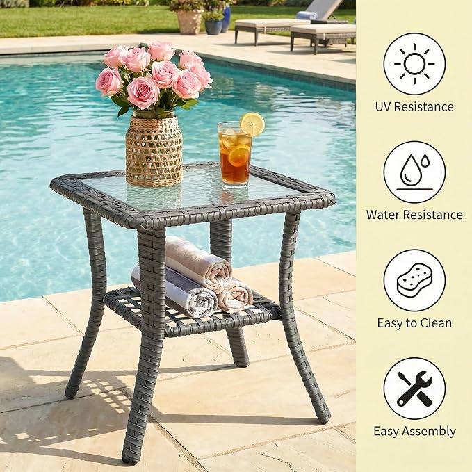 Patio Tables Wicker Side Table, Rattan End Table with Glass Top for Outdoor Outside Patio Porch Deck Square Brown
