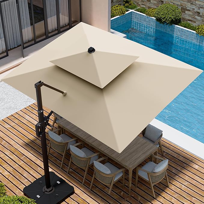 9' X 12' Cantilever Patio Umbrella with Base Included and Led Lights Double Top Rectangular Outdoor Large Offset Umbrellas with 7 Tilts Adjustable 360°Rotation for Deck Pool Garden Backyard, Beige