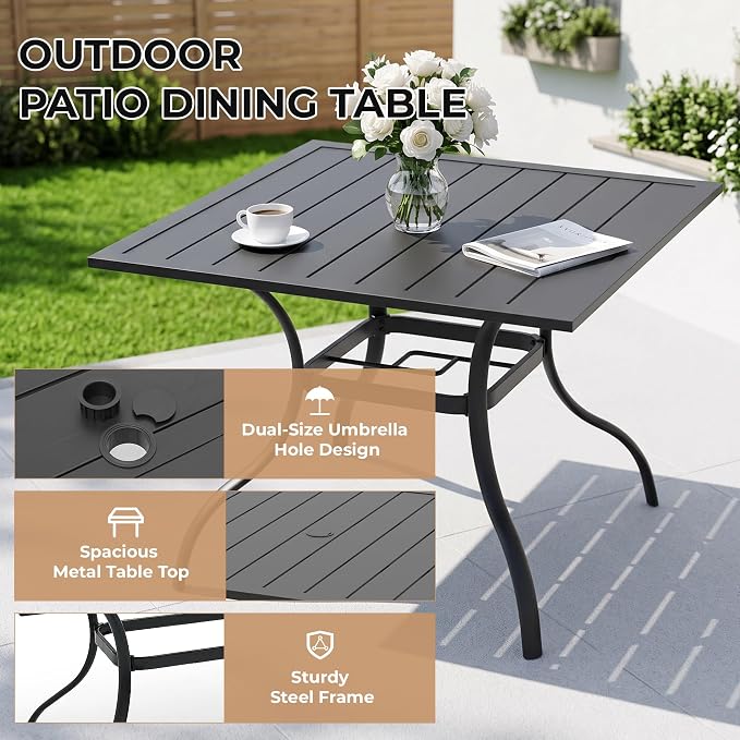 Anmutig 5 Piece Patio Dining Set, Outdoor Stackable Chairs and 35" Square Metal Patio Table with 1.57" Umbrella Hole for Garden Backyard Deck, Brown