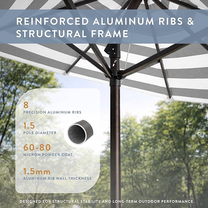 California Umbrella 8-Year Protection 9 Ft Outdoor Patio Umbrella, Solstice Fade-Resistant Fabric, Auto-Tilt, Heavy Duty Aluminum Frame, 8 Reinforced Ribs for Pool or Deck, Bronze Pole, Gray White Cabana Stripe