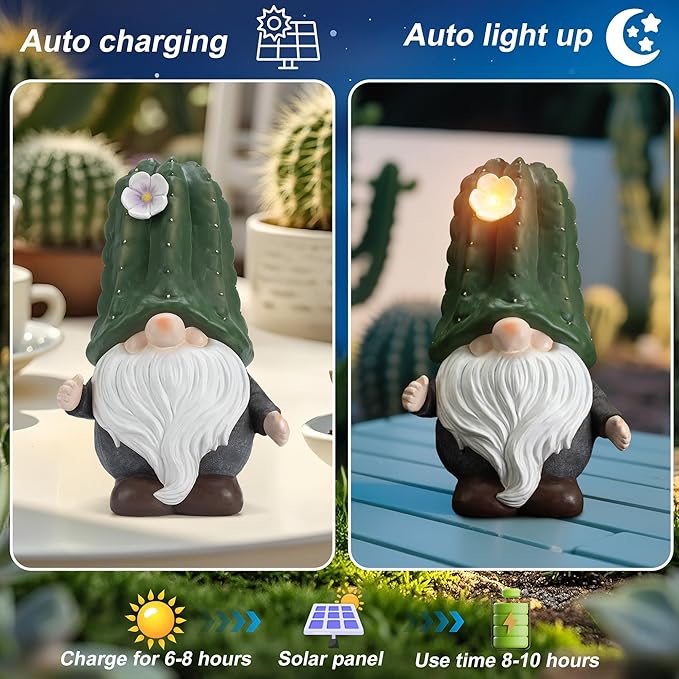 Etlemonde Solar Cactus Gnome Statue Garden Decor Light - Outdoor Decorative LED Flower, Suitable for Patio, Lawnand Garden Decorations, Gifts for Mom