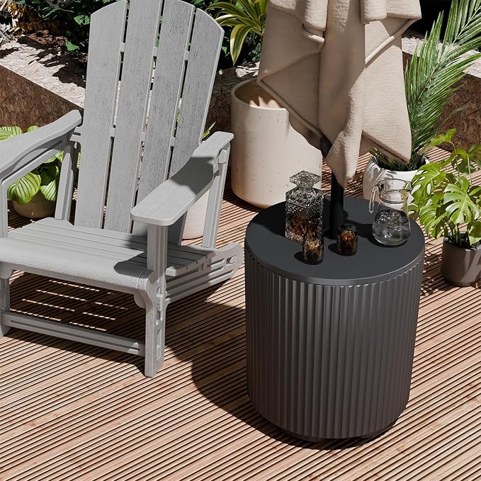 Outdoor Umbrella Stand, Free-Standing Umbrella Side Tables, Patio Umbrella Water Fill Base, Fluted Outdoor Side Table Umbrella Stand, Black