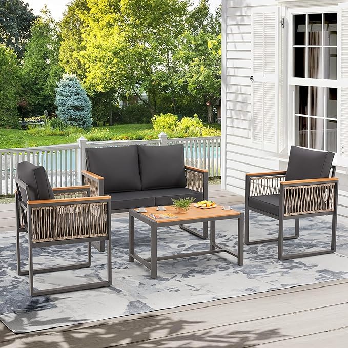EROMMY 4 Pieces Outdoor Patio Furniture Set with Solid Wood Handrails, Plastic-Wood Balcony Furniture with Wicker Arm Panel, All-Weather Metal Patio Conversation Sets with Coffee Table and Cushion