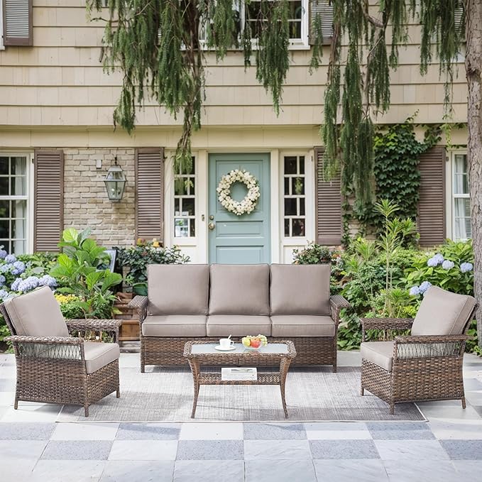 Patio Furniture Set 2 Wicker Patio Chairs 1 Sofa with PE Rattan Coffee Table Brown Wicker Grey Cushions Patio Conversation Set 4pcs for Garden Balcony Sunroom Backyard