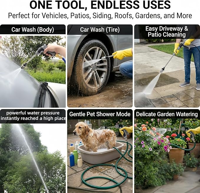 High Pressure Washer Gun with Foam Cannon & 6 Adapters, 360° Rotating 3-Mode Garden Hose Nozzle, Power Car Detailing & Patio Cleaning Tool, Fits U.S. 3/4" Thread