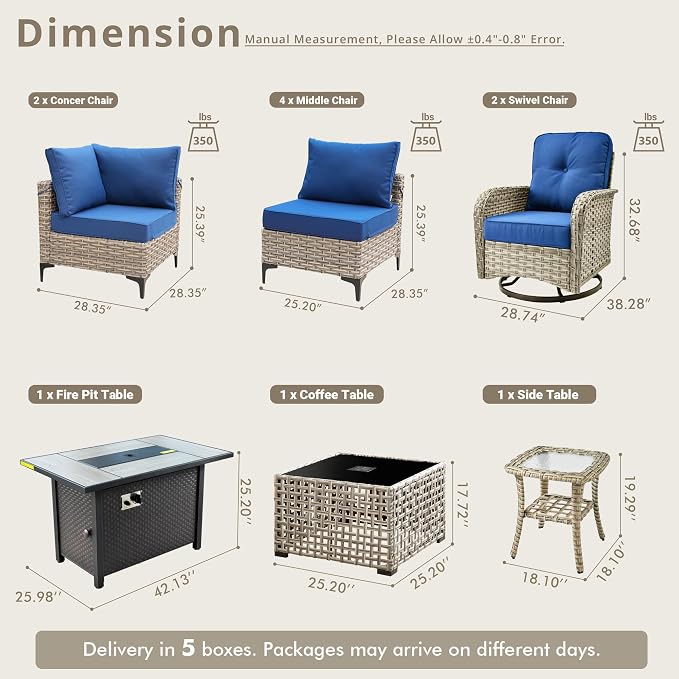 11 Pieces Patio Sectional Furniture Set, Outdoor Wicker Sectional Couch with Firepit Swivel Rocker Chairs Solar Lights Table, Modern Conversation Set for Porch Balcony Backyard, Navy Blue