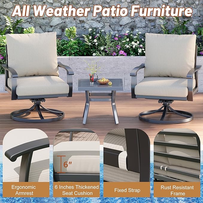 HOMREST Outdoor Swivel Rocker Patio Chairs with Coffee Table 3 PCS Bistro Set, 360 Degree Swivel Rocking Chair Patio Conversation Set with Thickened Cushions for Garden, Deck and Poolside