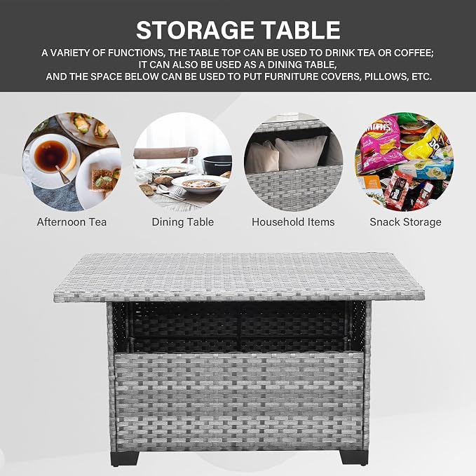 WAROOM Outdoor PE Wicker Coffee Table - Patio Rattan Garden Furniture Multi-Functional Storage Tea Dining Table, Grey