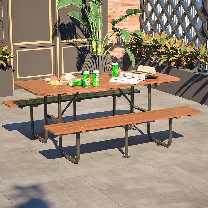 72" 6-Person Wooden Picnic Table, Outdoor Dining Table with Built-in Benches, Metal Leg, Weatherproof Wood Desktop, Heavy Duty with Umbrella Hole for Backyard (Brown+black, 72" Rectangle（6-Person）)