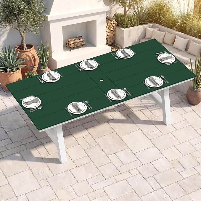 Costaelm Rectangle Patio Table, 8-Person Backyard Table 90" HDPE Dining Table with Umbrella Hole and Metal Frame for Outside, Garden, Poolside, Deck, Porch, Balcony, Dark Green