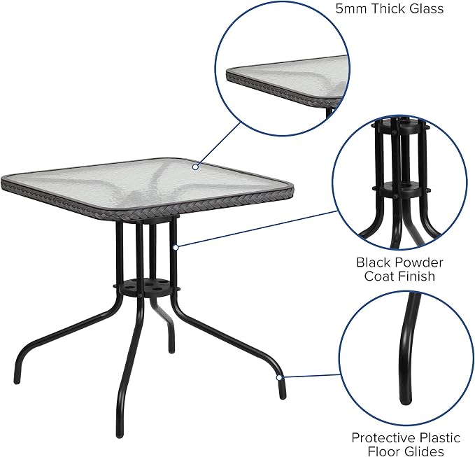 EMMA + OLIVER 28" Square Tempered Glass Metal Table with Gray Rattan Edge