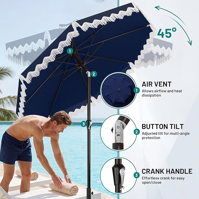 AreShark 9FT Patio Umbrella with Fringe, Wind-Resistant Fiberglass 8 Ribs Tassel Outdoor Umbrella with Crank and Push Button Tilt, Double Tier Vent Sun Shade for Pool, Deck, Backyard, Navy
