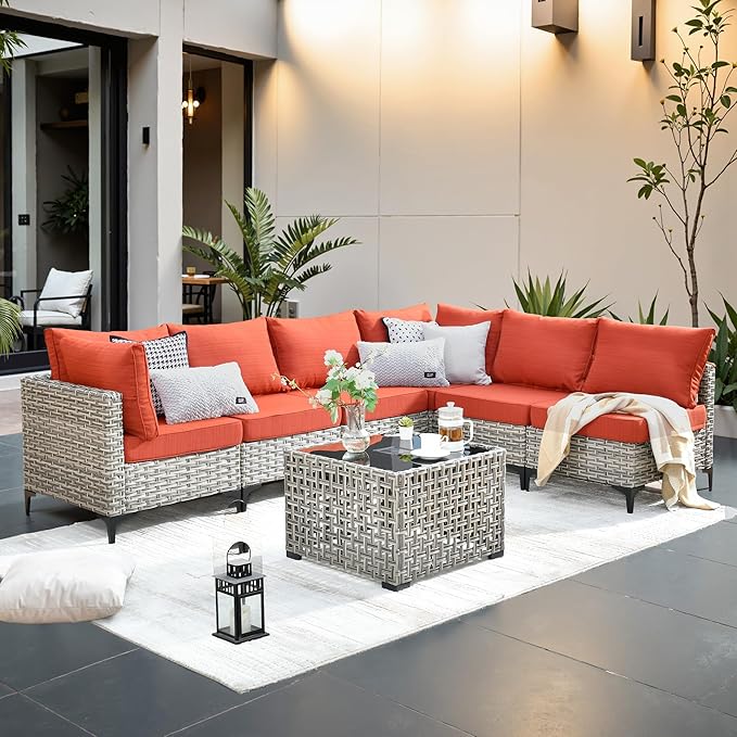 Outdoor Patio Furniture Sets,7 PCS Patio Conversation Set Outside Rattan Sectional Sofa with Coffee Table Fit Backyard Porch Garden Poolside Balcony