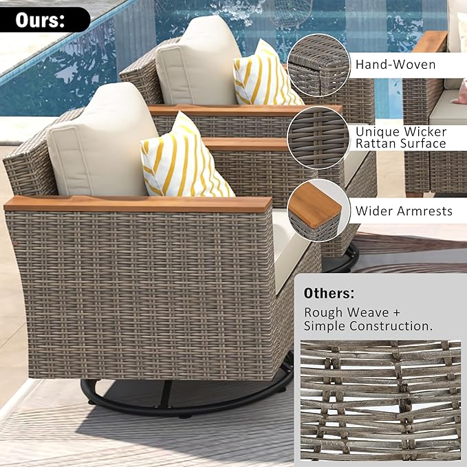 Outdoor Patio Sectional Furniture Set, 8-Piece Wicker Rattan Sofa Set with Thick Cushion, Patio Swivel Rocking Chairs Set of 2 with Acacia Storage Table, Conversation Set for Backyard (Beige+Brown/36)