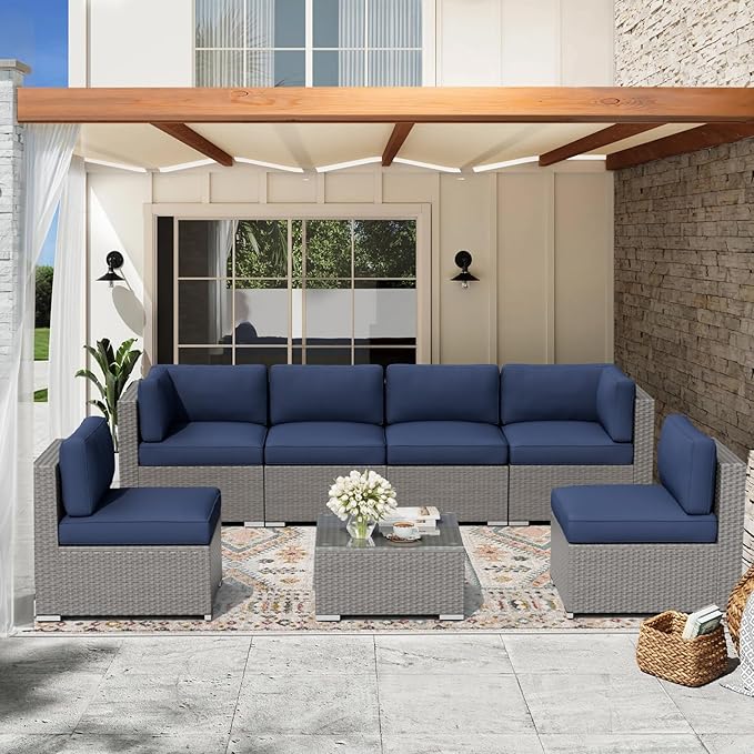 Oakcloud 7-Piece Outdoor Patio Furniture Set Grey Rattan Wicker Sectional Sofa Conversation Sets with Cushions and Glass Top Table (Dark Blue)