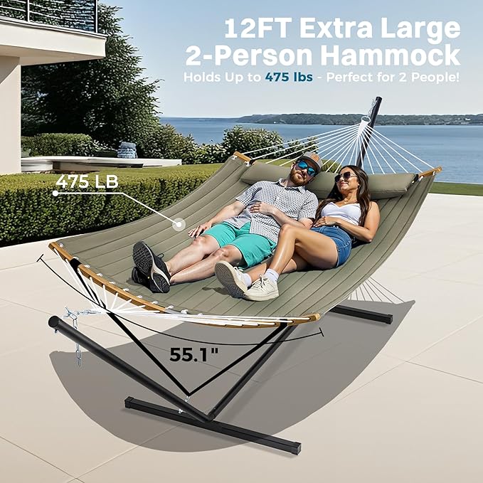 SUPERJARE Curved-Bar Hammock with Stand, 2 Person Heavy Duty Hammock Frame, Detachable Pillow & Portable Carrying Bag, Perfect for Outdoor & Indoor, Olive Gray