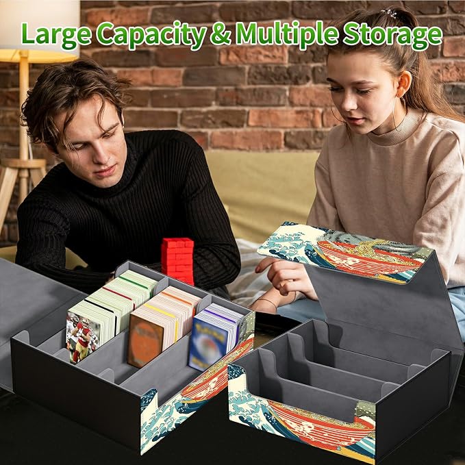 Large Card Deck Box for MTG, Fits 1200+ Sleeved Cards, PU Leather Storage Case with Strong Magnetic Closure, Multiple Colors for TCG CCG Baseball Card Collections, Wave Noodles Cat