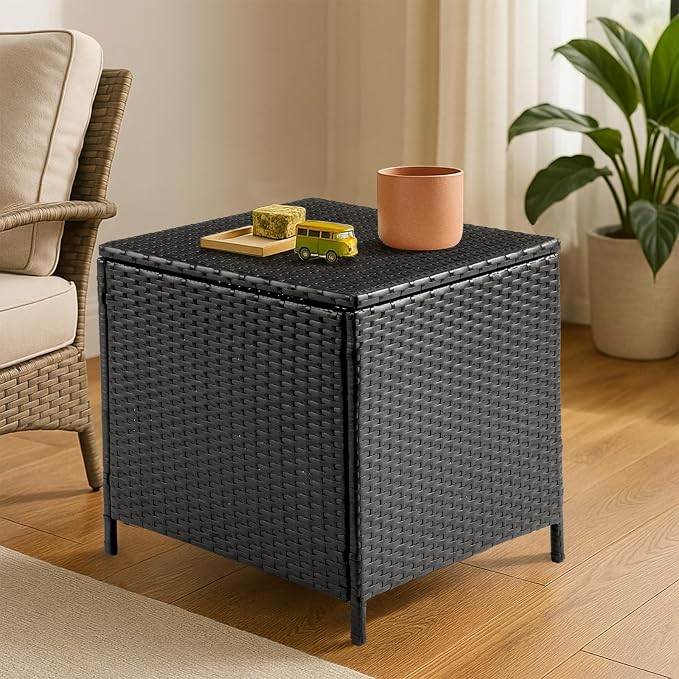20.8in Outdoor PE Wicker Side Table,Square Patio Rattan End Table,Outside Storage Bin Container,All-Weather Small Storage Box Tables,with Lid,for Garden Porch Poolside Deck Backyard (Black)