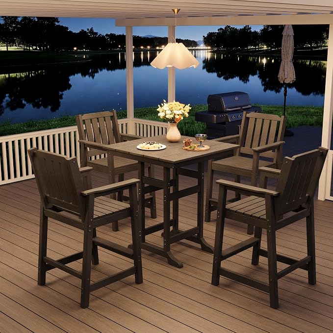 GAOMON Square Outdoor Bar Height Table, Patio Tall Side Bistro Table with Umbrella Hole, Weather Resistant High Top Dining Table for Backyard, Garden, Deck, Porch, Dark Gray