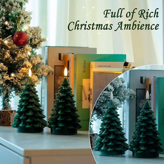 Christmas Tree Candles with Remote, 2 Pack Green Flameless Candles Battery Operated, Real Wax Flickering Christmas Led Candle Decorations for Winter Home Holiday Xmas Gift